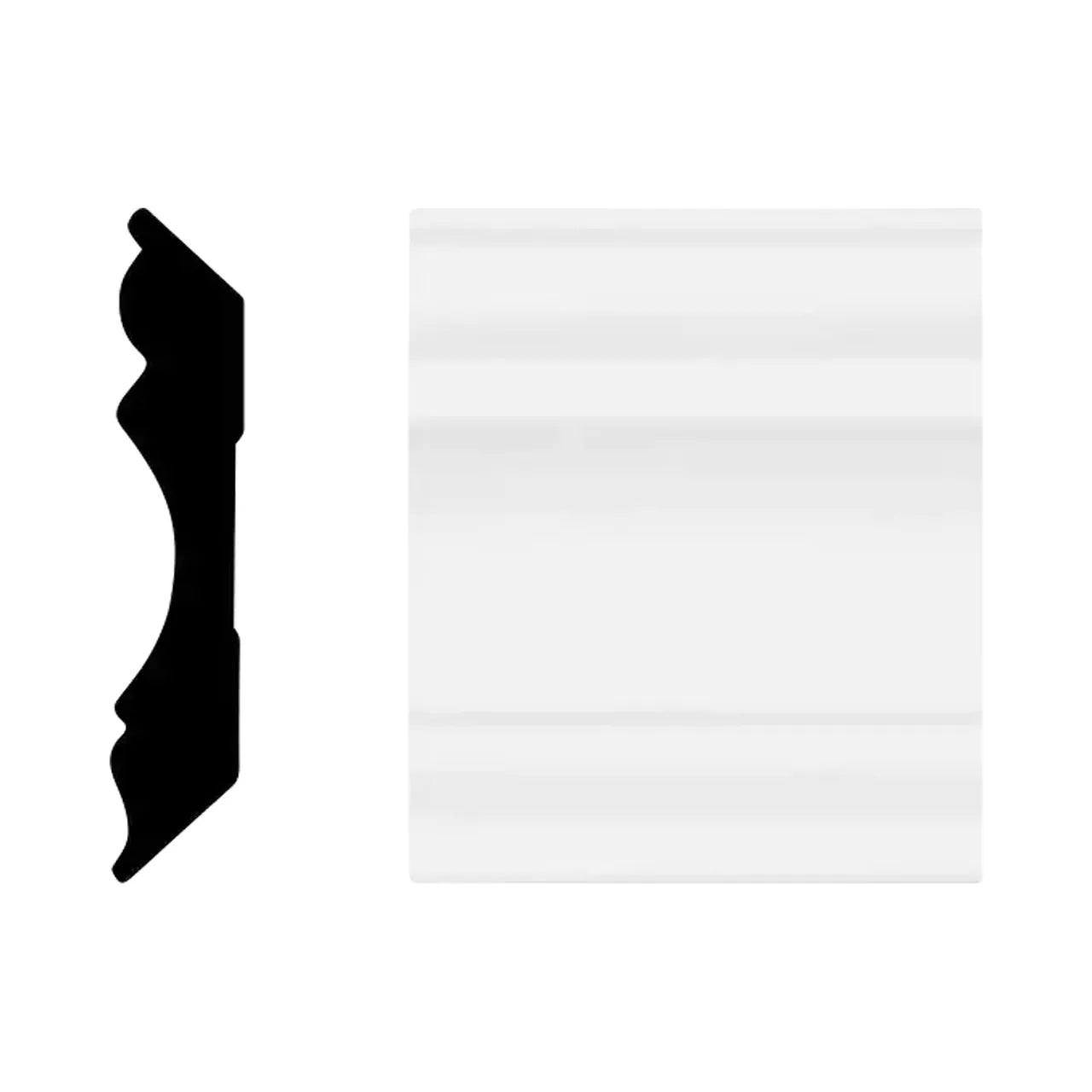 On the right is Go Build’s 5/8 in. x 3-1/8 in. x 8 ft. Primed MDF Colonial Crown Moulding, shown in white, with its black silhouette profile on the left against a white background. Made from durable medium-density fiberboard.